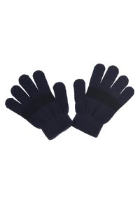 Navy blue knitted gloves with five fingers, featuring a black horizontal band across the wrist for added grip and style. Soft texture.