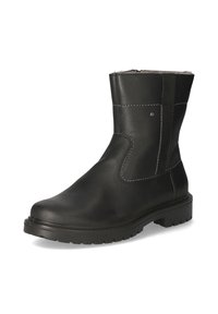 Schwarze Stiefelette aus strukturiertem Leder mit leicht abgerundetem Zehenbereich, vertikalen Nahtdetails und einer Gummisohle mit Profil.