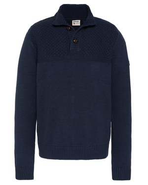 Pull en maille bleu marine avec un empiècement texturé, patte de boutonnage à trois boutons et bords-côtes aux manches et à l'ourlet. Fabriqué dans un matériau chaud et doux.