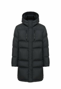 Črn puhasti plašč s kapuco, s kvadratnim dizajnom, dvema žepoma na prsih z zadrgo in ravnim krojem. Gladka tekstura in lahkotnost.