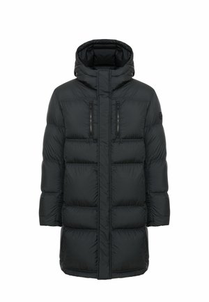 Black puffer coat with a hood, featuring a quilted design, two zippered chest pockets, and a straight cut. Smooth texture and lightweight.