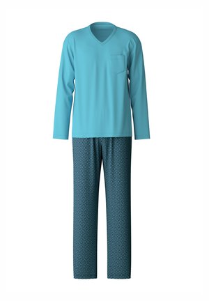 Turquoise langemouwtop met een V-hals en borstzak, gecombineerd met modieuze blauwe broeken met een geometrisch patroon.