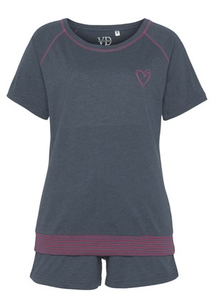 Dunkelblaues Kurzarm-Pyjama-Set mit Herzstickerei und gestreiften rosa Akzenten am unteren Saum. Weicher, leichter Stoff.