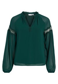 Blusa verde scuro in tessuto leggero, con un colletto arricciato, dettagli in pizzo sulle maniche e una vestibilità ampia con polsini arricciati.