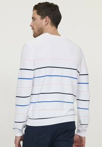 Wit gestreepte heren sweater van gebreide stof. Bevat pastelroze, lichtblauw en marineblauwe horizontale strepen. Geribde manchetten en onderrand.