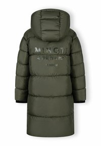 Zelena obložena bunda s kapuco, z vodoravnimi šivi, odsevnim napisom "MINOTI" in "LONDON" ter črnimi manšetami na rokavih.