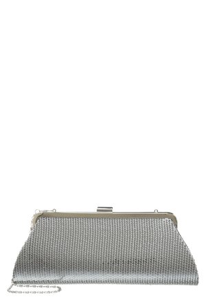 Petit sac pochette de soirée argenté avec armature métallique, bandoulière chaîne et surface texturée à sequins.