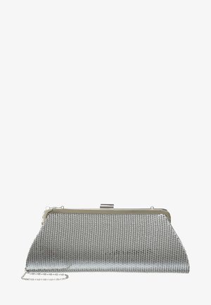 Petit sac pochette de soirée argenté avec armature métallique, bandoulière chaîne et surface texturée à sequins.