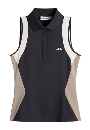 Polo senza maniche nero con pannelli laterali bianchi e beige, piccolo logo sul petto e colletto con abbottonatura.