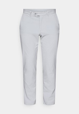 Šviesiai pilkos švarkinės kelnės, pagamintos iš tekstūruotos medžiagos, su lygiu priekiu, diržo kilpomis ir vienu sagos užsegimu.