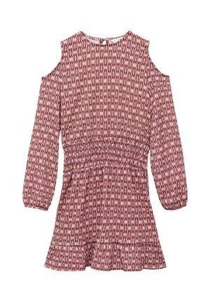 Robe à épaule dénudée avec un motif bordeaux et crème, taille smockée, manches longues et ourlet évasé. Fabriquée en tissu léger.