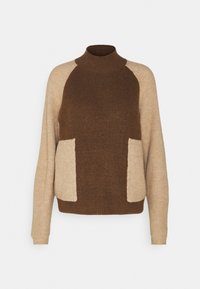 Strickpullover mit hohem Kragen; brauner Körper und cremefarbene Ärmel; verfügt über zwei cremefarbene Patches auf der Vorderseite; weiche Textur und bequeme Passform.