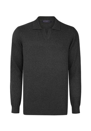 Mørkegrå pulli med V-udskæring, lange ærmer og ribbede manchetter og kant. Lavet af et blødt, tekstureret stof.