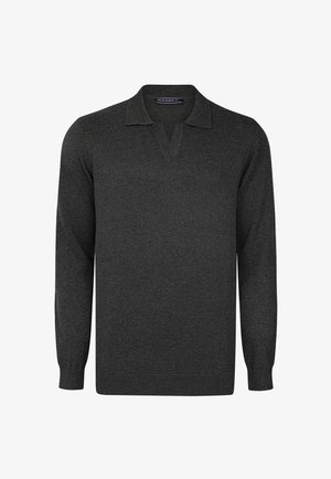 Tumehall pullover-sweater V-kaelusega, pikkade varrukatega ning ribaga ääres ja all. Valmistatud pehmest ja tekstuurilisest kangast.