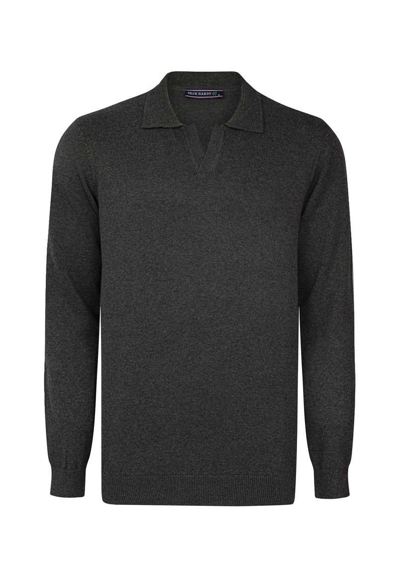 Suéter de color gris oscuro, con cuello en V, de mangas largas, y puños y dobladillo acanalados. Fabricado en un tejido suave y texturizado.