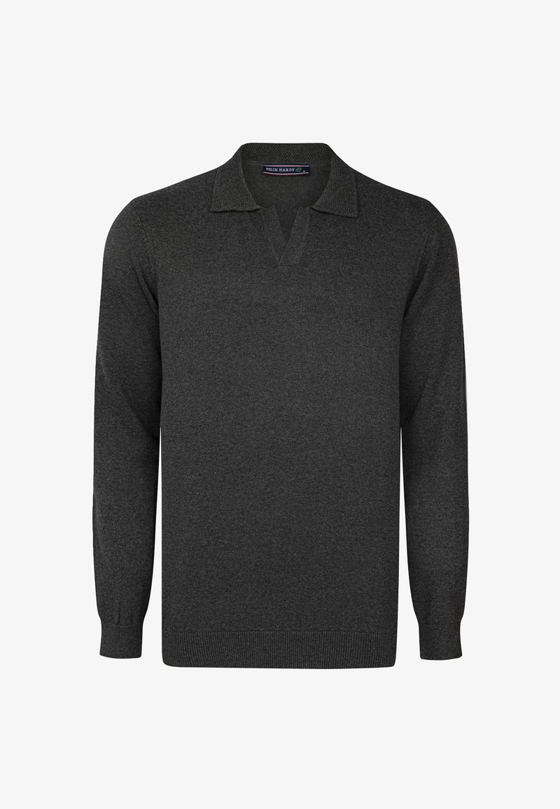 Suéter de color gris oscuro, con cuello en V, de mangas largas, y puños y dobladillo acanalados. Fabricado en un tejido suave y texturizado.