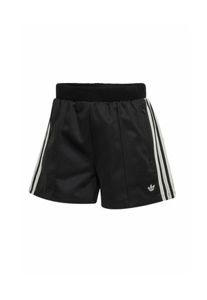 Schwarze Sportshorts mit einem strukturierten, elastischen Bund, zwei Seitentaschen und markanten weißen Drei-Streifen-Akzenten auf beiden Seiten.