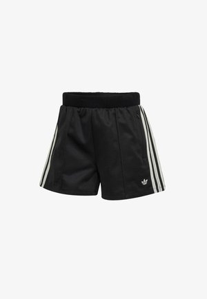 Shorts de sport noirs avec une ceinture élastique texturée, deux poches latérales, et des accents blancs à trois bandes bien visibles de chaque côté.