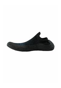 Black and blue slip-on shoe with a textured rubber sole and knitted upper. Features a low-cut design and flexible construction.