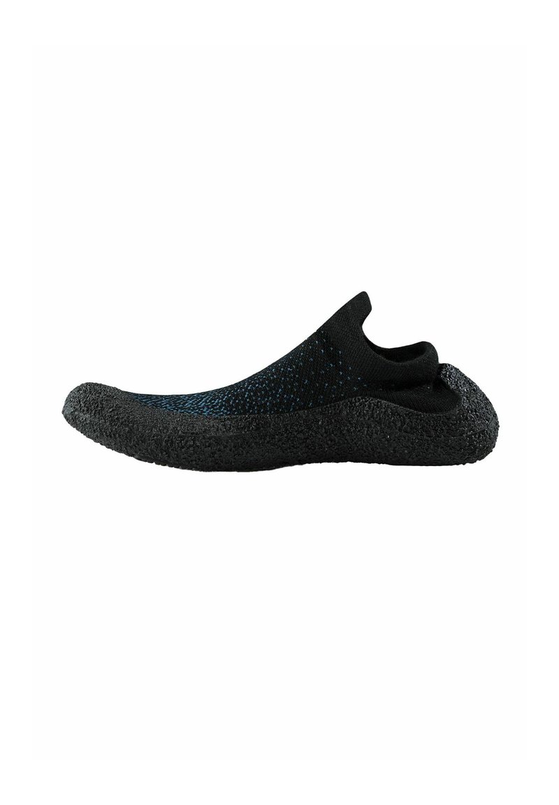Black and blue slip-on shoe with a textured rubber sole and knitted upper. Features a low-cut design and flexible construction.