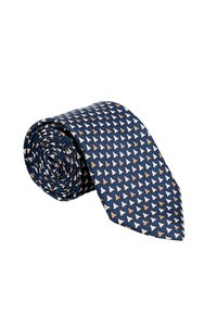 Rullitud tumesinine lips, millel on korduvad valged ja beežid geomeetrilised kolmnurgad valgel taustal.