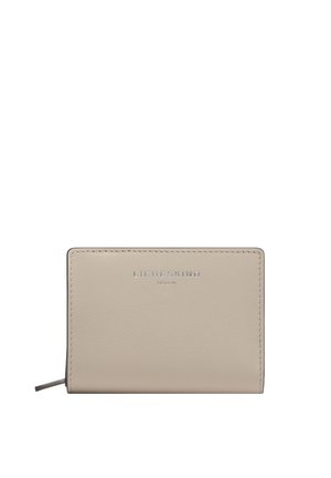 Mały beżowy portfel ze skóry z detalem zamka błyskawicznego, o prostokątnym kształcie, z wytłoczonym logo „Liebeskind Berlin” na środku przedniej strony.