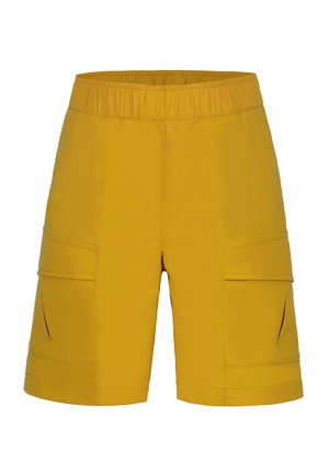 Shorts cargo jaunes avec une taille élastique, deux poches latérales et un tissu lisse et léger. Présente une coupe droite et un ourlet.