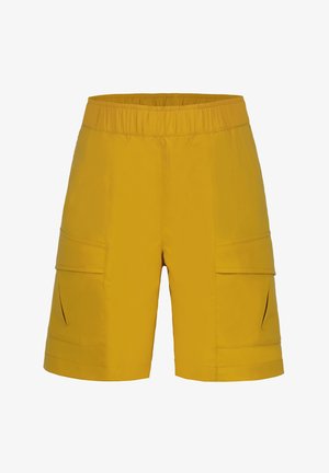 Geel cargoshorts met een elastische tailleband, twee zijzakken en een gladde, lichte stof. Heeft een rechte snit en zoom.