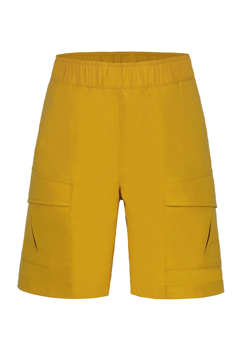 Gula cargoshorts med elastisk midja, två sidofickor och ett mjukt, lätt tyg. Har rak passform och fåll.