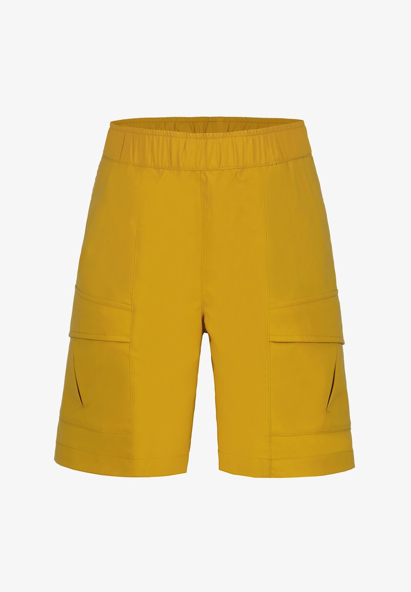Gula cargoshorts med elastisk midja, två sidofickor och ett mjukt, lätt tyg. Har rak passform och fåll.