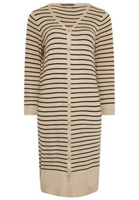 Béžový kardigan s černými vodorovnými pruhy, výstřihem do V, zapínáním na knoflíky a tříčtvrtečními rukávy s žebrovanými manžetami a lemem.