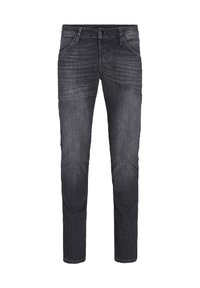 Mörkgrå denimjeans med rak passform, femficka-design, knappgylf och subtil blekning på benen.