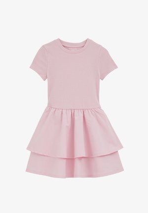 Hele roosa lühikeste varrukatega kleit, millel on soonikkoes ülakeha ja kahes kihis lehviv seelik.