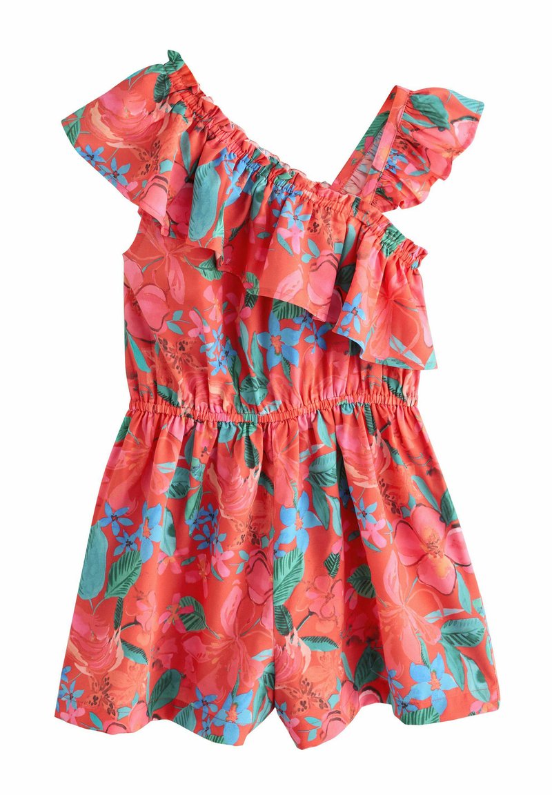 Jumpsuit floral en coral con un diseño de un solo hombro y volantes. Presenta una cintura elástica y patrones florales vibrantes en rosa, azul y verde.