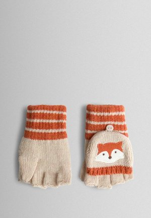 Guanti beige e arancioni a righe per bambini con design senza dita, uno dei quali presenta una parte pieghevole con il volto di una volpe e chiusura a bottone.
