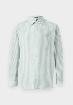 Lichtgroen gestreept shirt met een kraag, lange mouwen, knoopsluiting en een borstzak met een klein logodetail.