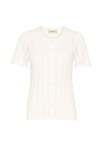 Vit stickad kortärmad cardigan med rund halsringning, med en knappstängning och strukturerade vertikala ränder.