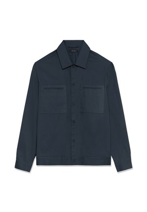 Camicia giacca blu scuro a maniche lunghe con colletto, bottoni a pressione frontali e due tasche sul petto con aperture orizzontali.