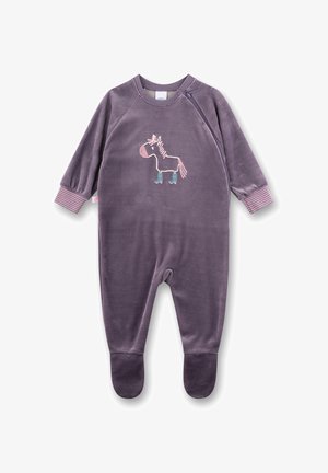 Lila Fleece-Overall mit langen Ärmeln, versehen mit einem rosa-weißen gestickten Pferdemotiv. Gestreifte Bündchen und Füße.