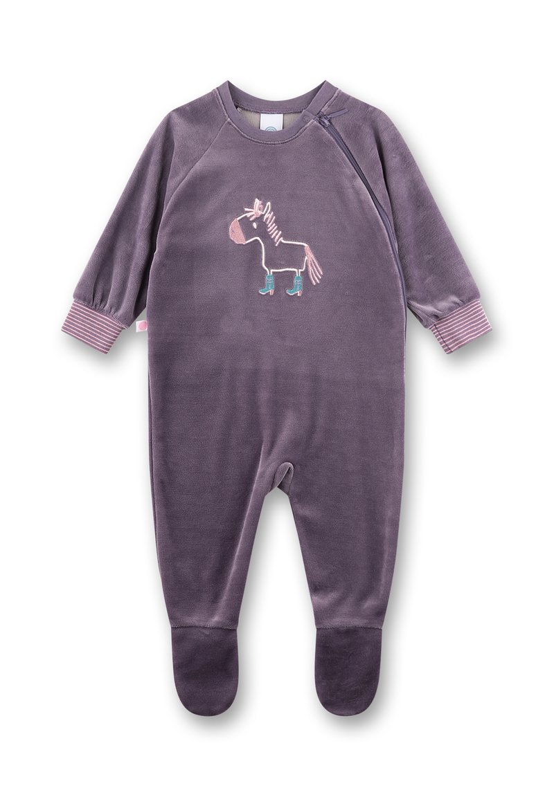 Lila Fleece-Overall mit langen Ärmeln, versehen mit einem rosa-weißen gestickten Pferdemotiv. Gestreifte Bündchen und Füße.