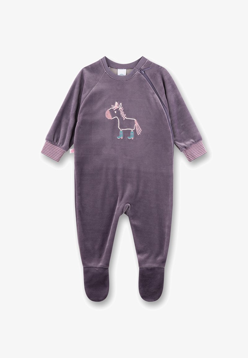Paarse fleece onesie met lange mouwen, voorzien van een borduurontwerp van een roze en witte paard. Gestreepte manchetten en een voetbodem.