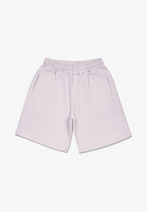 Helllila Baumwollshorts mit elastischem Bund, zwei Seitentaschen und kleinem Logo am Saum. Schlichtes Design, knielang.