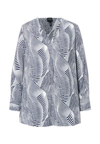 Blusa a maniche lunghe in navy e bianco con un motivo a linee ondulate. Design a V, tessuto morbido e vestibilità ampia. Presenta polsini alle maniche.