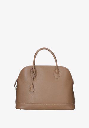 Borsa a tracolla in pelle marrone granulosa di forma arrotondata, con doppi manici superiori e chiusura a zip. Presenta dettagli di cucitura e una tasca laterale con zip.