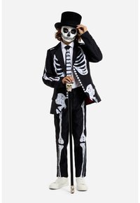 Black suit with white skeleton prints on jacket and pants, paired with a white dress shirt and tie. Accessory includes a black top hat and skull cane.