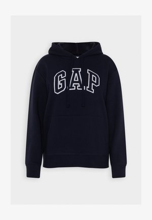 Sudadera azul marino con bolsillo frontal, capucha con cordón y letras "GAP" en blanco contorneadas en el pecho.
