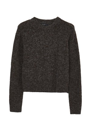 Maglione lavorato a maglia marrone scuro con scollatura rotonda, maniche lunghe e vestibilità corta. Tessuto testurizzato con un aspetto morbido e peloso.