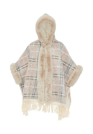 Karierter Poncho in sanftem Beige und Pastellfarben, mit Kapuze und Kunstfellbesatz. Mit fransigen Säumen versehen. Warmes und mehrlagiges Design.