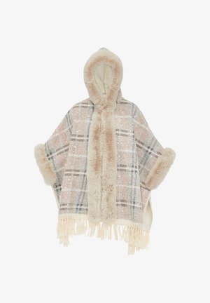 Gecoate poncho in zacht beige en pastelkleuren, met een capuchon en nepbont afwerking. Afgewerkt met franjes. Warme en gelaagde ontwerp.