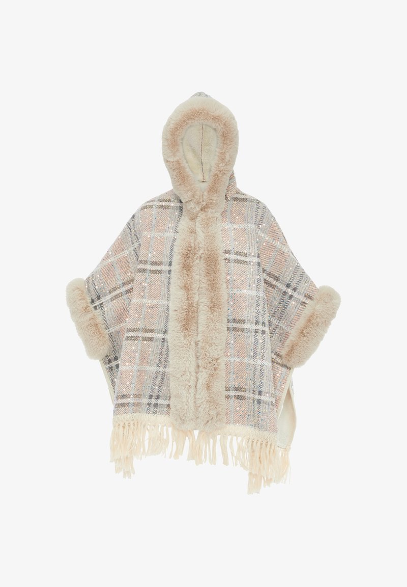 Poncho cu carouri în bej moale și culori pastelate, prevăzut cu glugă și margine din blană synthetică. Finalizat cu margini franjurate. Design cald și stratificat.
